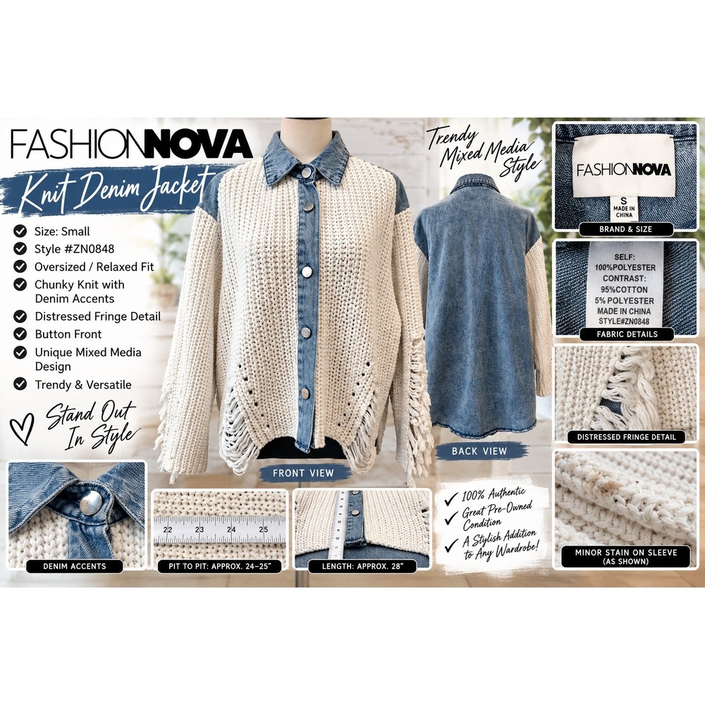 Fashion Nova Mixed Media Knit Denim Jacket Cream Blue Oversized Fringe ZN0848 S